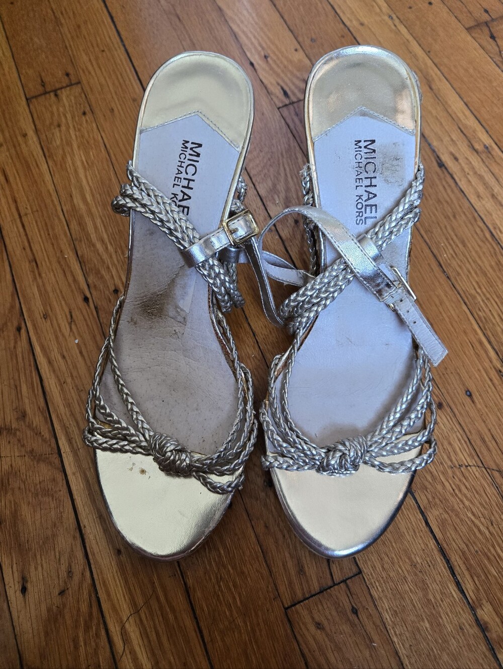 Michael Kors Metallic Silver Braided Strap Heeled Sandals